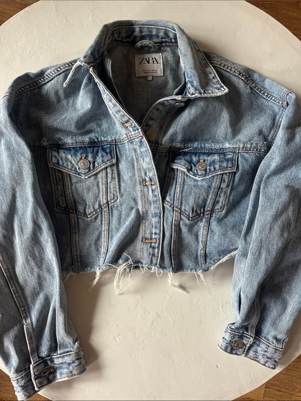 Zara Cropped Light Blue Denim Jacket with Raw Hem